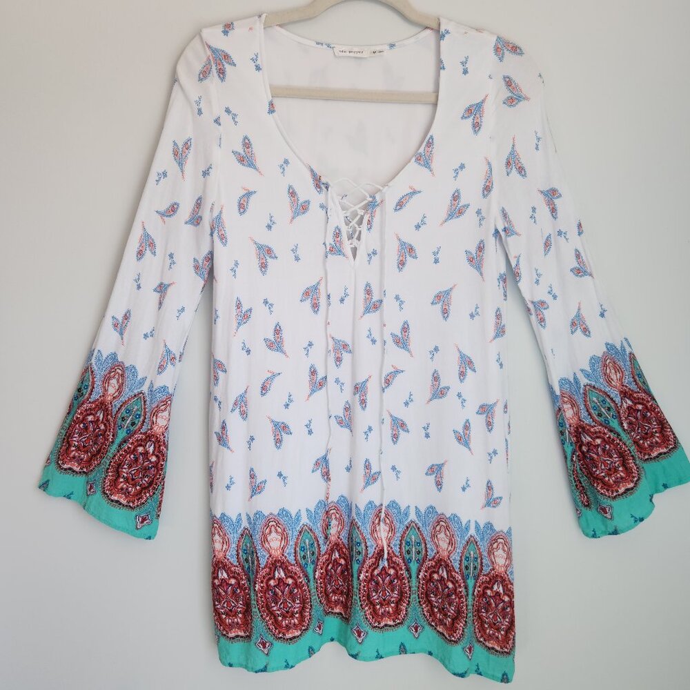 blu pepper White Paisley Long Sleeve Boho Mini Tunic Dress 100% Rayon Size M